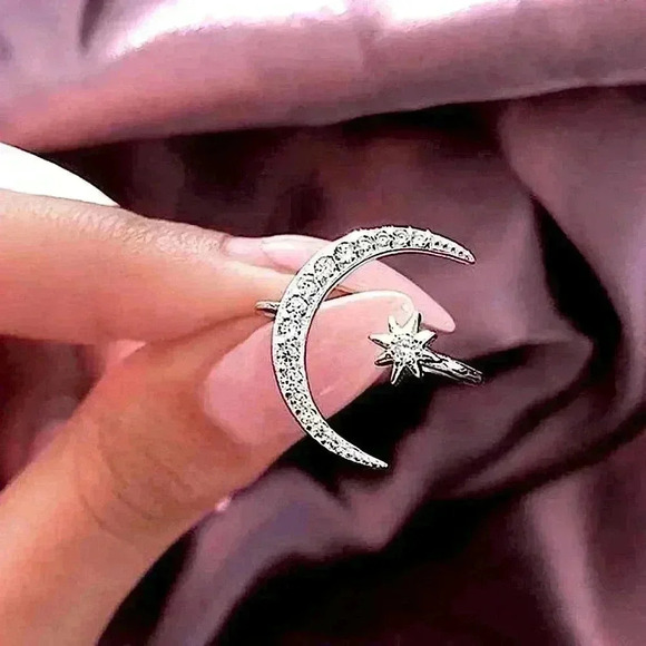 New 14k Gold Over Silver Diamond Moon Star Open Ring - Picture 3 of 4